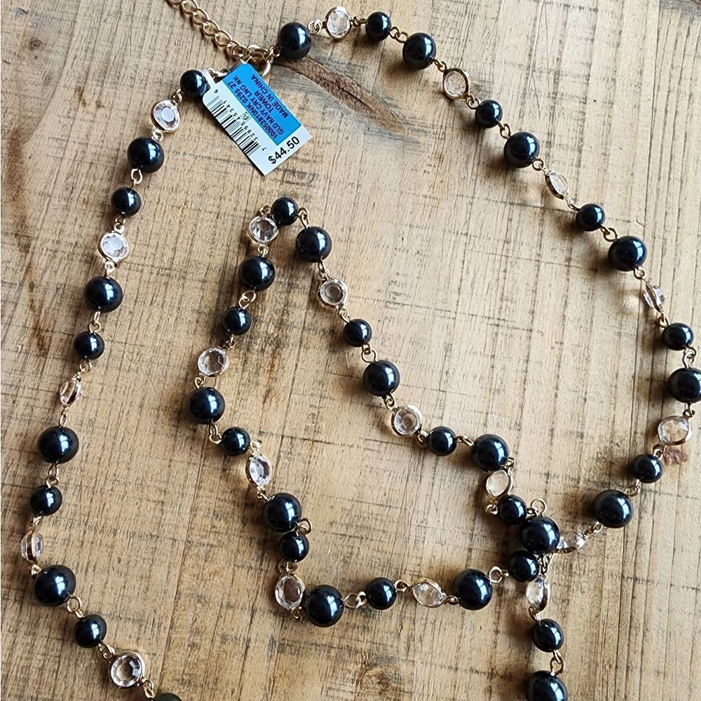 NWT Long Charter Club Navy Blue, Gold & Clear Glass Crystals Necklace